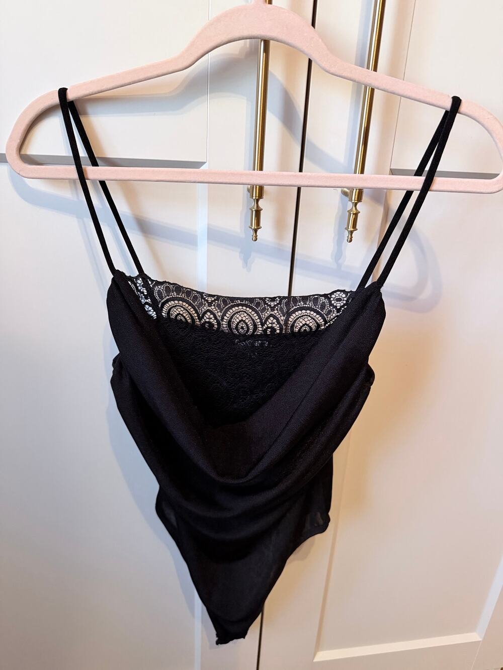 black stretch cowl neck one piece with lace detail